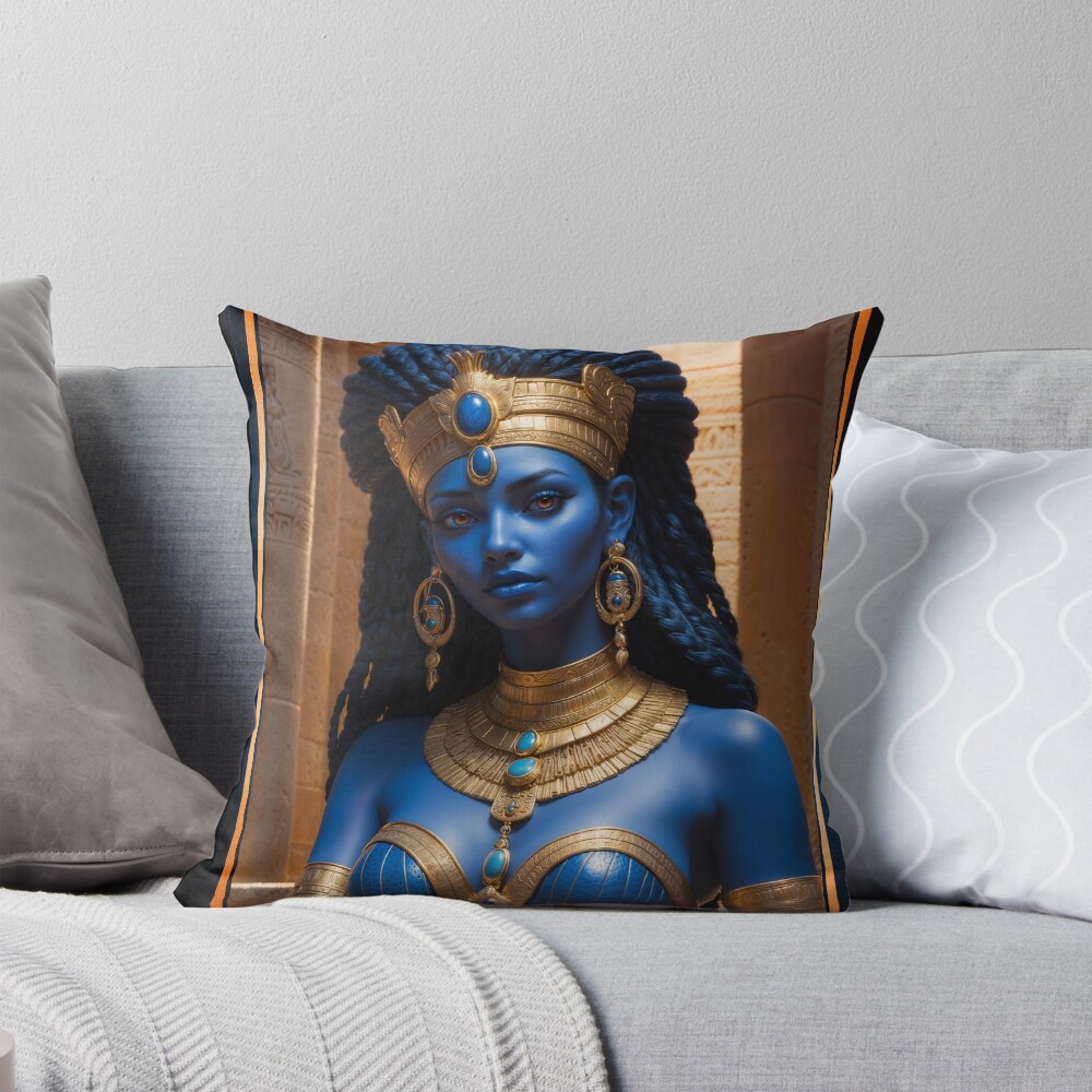A Mystical Blue Alien Queen in Ancient Regalia Mesmerizing AI Concept Art by Xzendor7 Decorative Art Print Throw Pillow