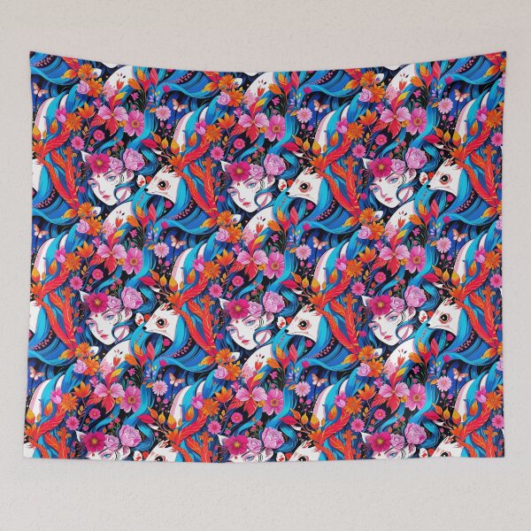 Item preview, Wild Soul | Vibrant Blue Hair, Foxes, and Floral Dream designed and sold by WHITE FANGS.