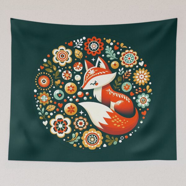 Item preview, Cute Fox: Sleepy Dreams - Scandinavian Folk Art by heidiannemorris © designed and sold by FOLK ART FUSION by heidiannemorris.