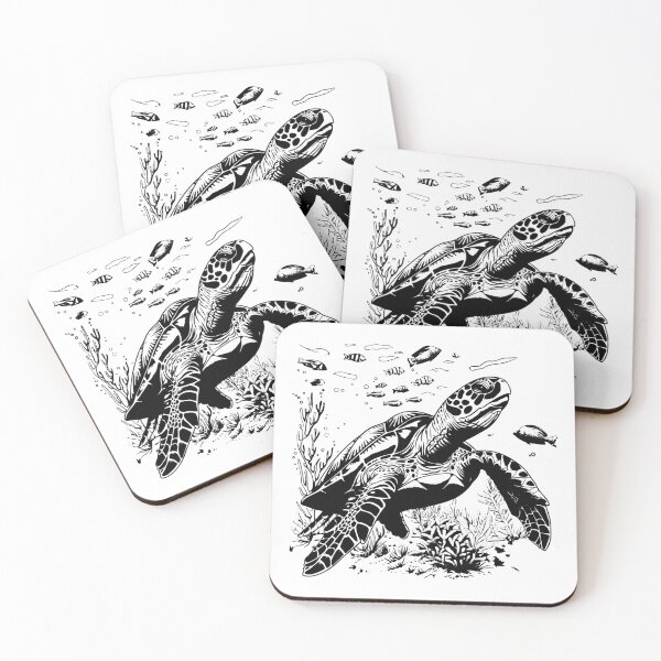 Item preview, Sea Turtle Underwater Scene – Black and White Ocean Wildlife Illustration designed and sold by inkoutninja.