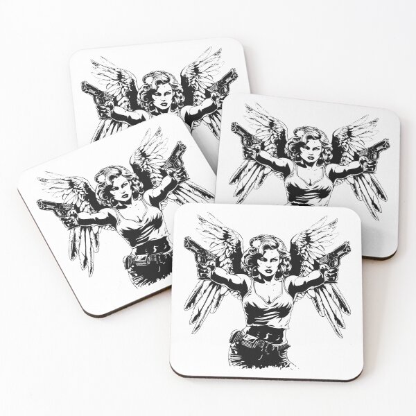 Item preview, Winged Femme Fatale – Black and White Pin-Up Angel with Guns Illustration designed and sold by inkoutninja.