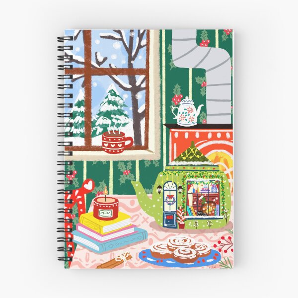 Item preview, Christmas Fireplace Teapot, Books, Cinnamon bun, candle in Winter Snowy Cozy Kitchen Interior designed and sold by Natasha May Design.