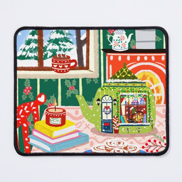 Item preview, Christmas Fireplace Teapot, Books, Cinnamon bun, candle in Winter Snowy Cozy Kitchen Interior designed and sold by Natasha May Design.
