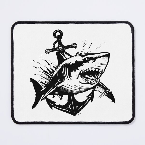 Item preview, Fierce Shark with Anchor – Black and White Nautical Tattoo-Style Art designed and sold by inkoutninja.