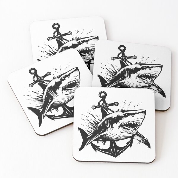 Item preview, Fierce Shark with Anchor – Black and White Nautical Tattoo-Style Art designed and sold by inkoutninja.