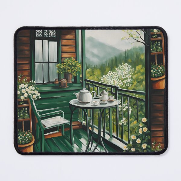 Item preview, Peaceful Green Balcony with Tea Set and Mountain View designed and sold by Diclebaybas.