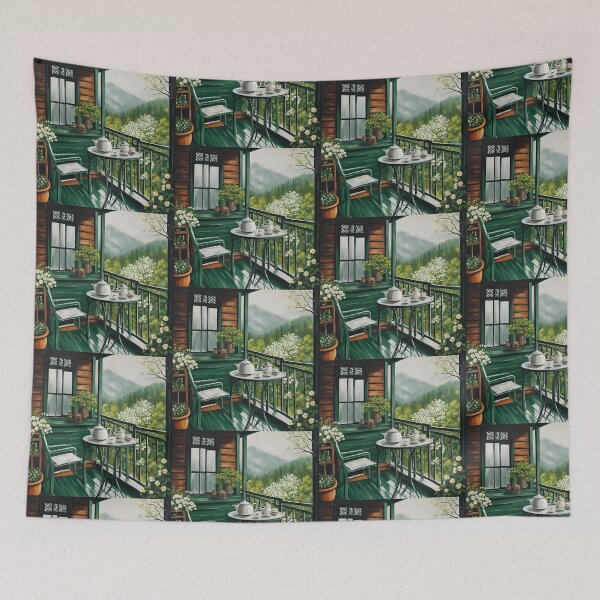 Item preview,  Peaceful Green Balcony with Tea Set and Mountain View designed and sold by Diclebaybas.