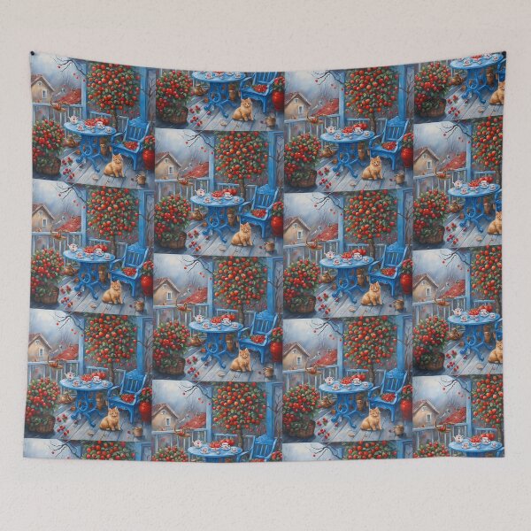 Item preview, Whimsical Apple Balcony with Cat and Tea Set – Blue Cottage Vibe designed and sold by Diclebaybas.