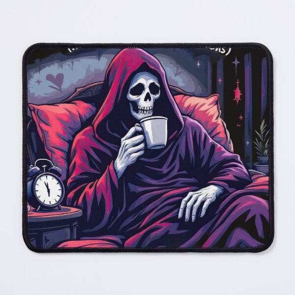 Item preview, Arafed skeleton in a bed with a cup of coffee designed and sold by cafegrafis.