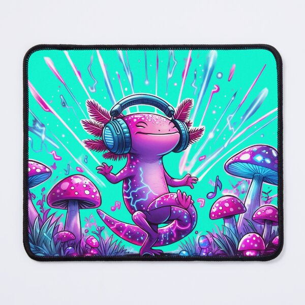 Item preview, Psychedelic Axolotl Rave – Dancing axolotl with headphones in the neon mushroom forest designed and sold by Closeddog.