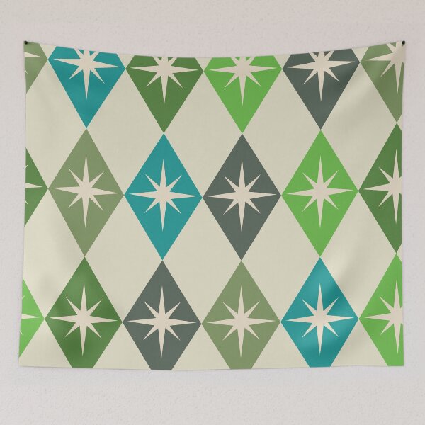 Item preview, Mid Century Starbursts on Harlequin Diamonds in sage green, teal and lime green  designed and sold by Yasminepatterns .