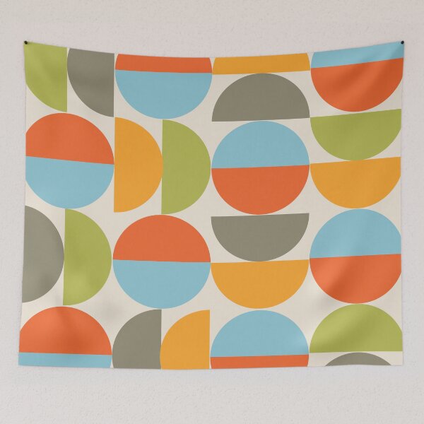 Item preview, Mid Century Geometric Half circles pattern in orange, khaki, red, cyan and green designed and sold by Yasminepatterns .