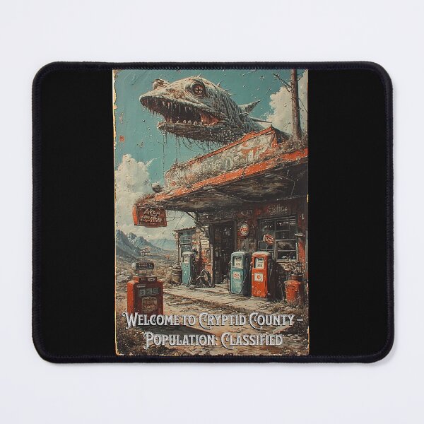 Item preview, Welcome to Cryptid County – Population: Classified (Dino Monster at Abandoned Gas Station) designed and sold by Mark Mentzer.