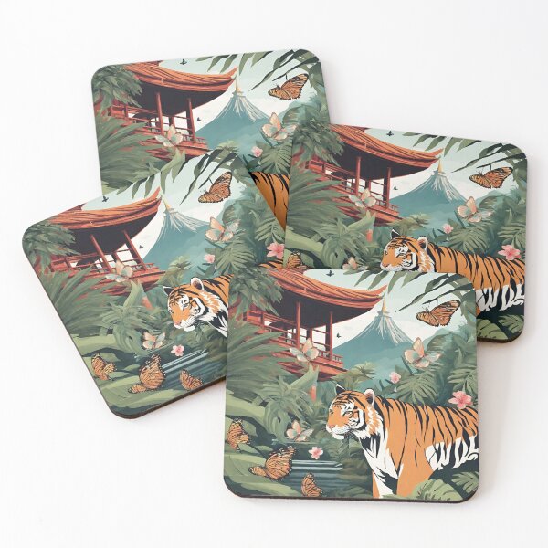 Item preview, Tiger and butterfly, plants, flowers, nature, pagoda, China. designed and sold by Sugar Wisdom .