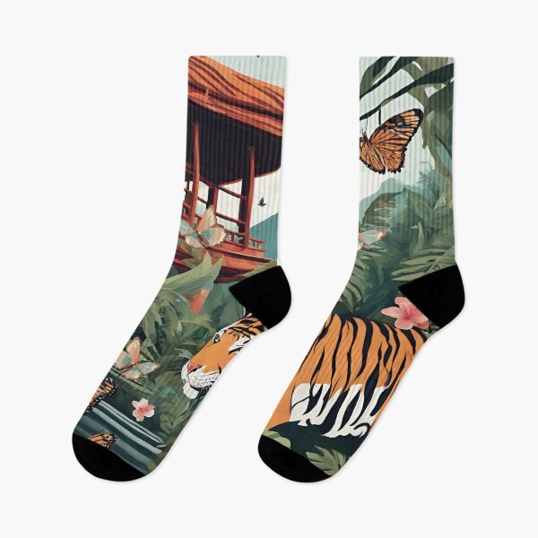 Item preview, Tiger and butterfly, plants, flowers, nature, pagoda, China. designed and sold by Sugar Wisdom .