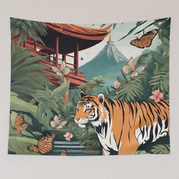 Item preview, Tiger and butterfly, plants, flowers, nature, pagoda, China. designed and sold by Sugar Wisdom .