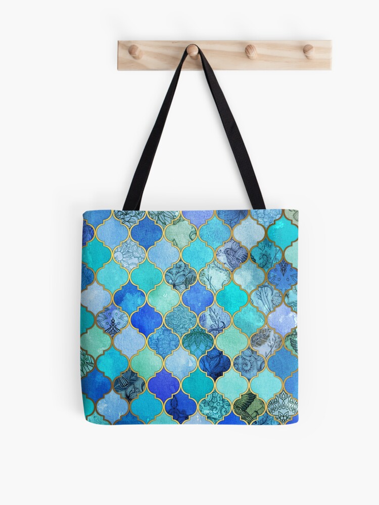 Thumbnail 1 of 2, Tote Bag, Cobalt Blue, Aqua & Gold Decorative Moroccan Tile Pattern designed and sold by micklyn.