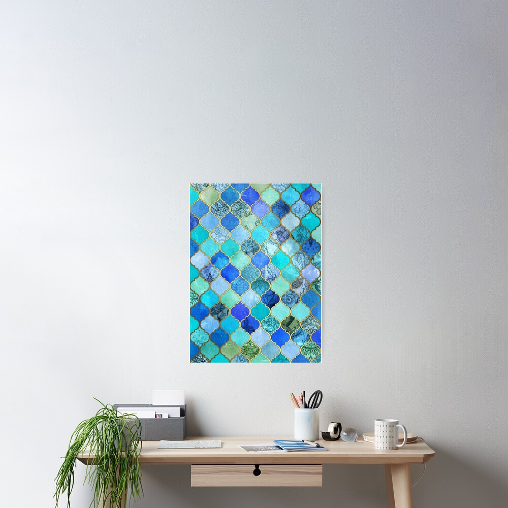 Cobalt Blue, Aqua & Gold Decorative Moroccan Tile Pattern