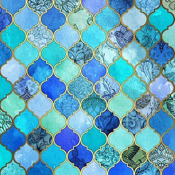 Artwork thumbnail, Cobalt Blue, Aqua & Gold Decorative Moroccan Tile Pattern by micklyn
