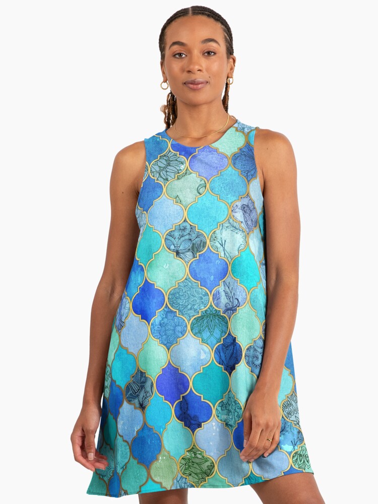 Cobalt Blue, Aqua & Gold Decorative Moroccan Tile Pattern" A-Line Dress for  Sale by micklyn | Redbubble