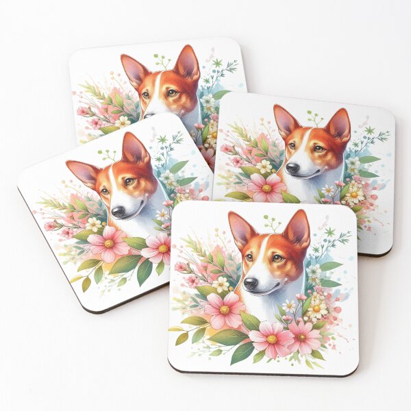 Item preview, beautiful Basenji Mix dog with various leaves and colorful flowers designed and sold by Marcoshop10.