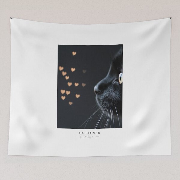 Item preview, Black cat looking left Lit hearts on black background designed and sold by Karen Lee J.