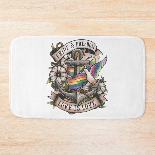 Item preview, Nostalgic Sailor's Pride tattoo design with anchor rainbow ribbon vintage banner Love is Love dove floral old-school tattoo art on white designed and sold by Brian Hibbs.