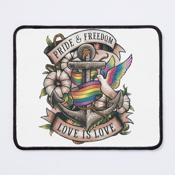 Item preview, Nostalgic Sailor's Pride tattoo design with anchor rainbow ribbon vintage banner Love is Love dove floral old-school tattoo art on white designed and sold by Brian Hibbs.