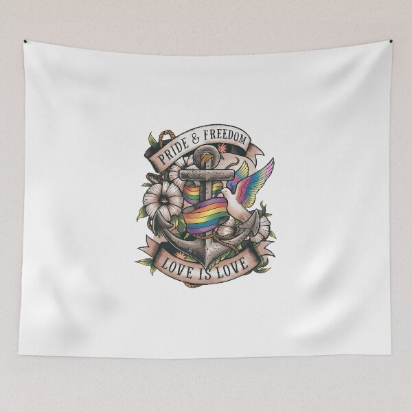 Item preview, Nostalgic Sailor's Pride tattoo design with anchor rainbow ribbon vintage banner Love is Love dove floral old-school tattoo art on white designed and sold by Brian Hibbs.