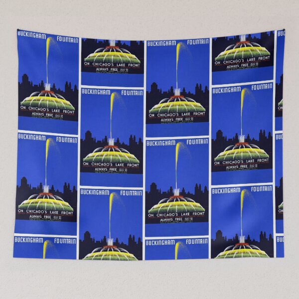 Item preview, Vintage Buckingham Fountain Poster | Chicago WPA Federal Art Project | 1930s Great Depression Era | Bold Colors & Skyline designed and sold by artofuniverse.