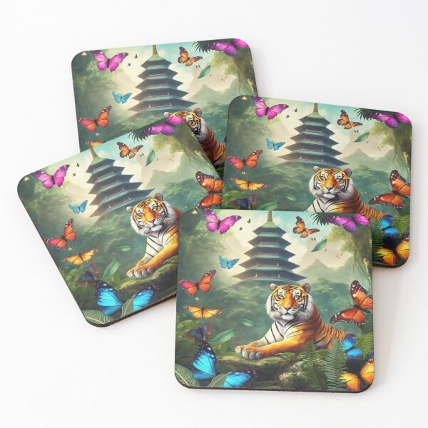 Item preview, Tiger and butterfly, plants, flowers, nature, pagoda, China. designed and sold by Sugar Wisdom .