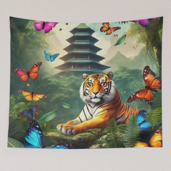 Item preview, Tiger and butterfly, plants, flowers, nature, pagoda, China. designed and sold by Sugar Wisdom .