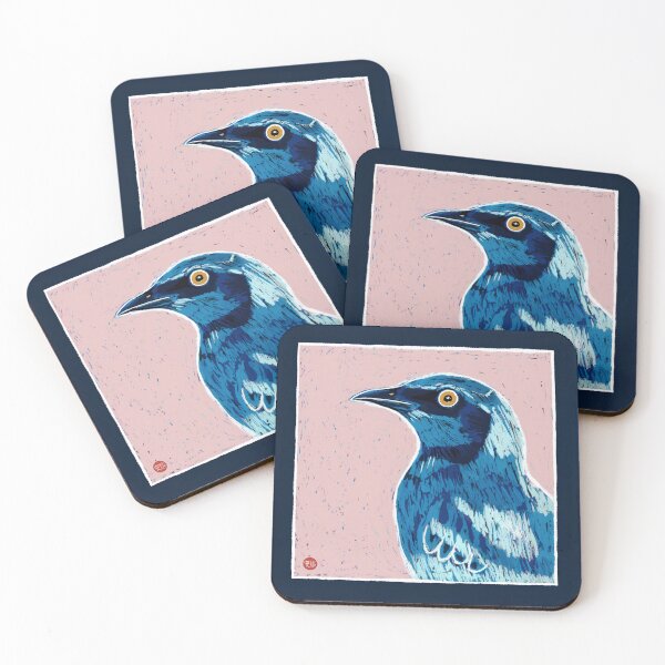Item preview, Blue eared starling, lino cut style art designed and sold by Ilikeiwantilove.