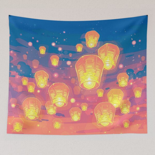Item preview, The cozy sunset  sky with Japanese Lanterns. Anime Aesthetic Illustration designed and sold by AnGoArt.
