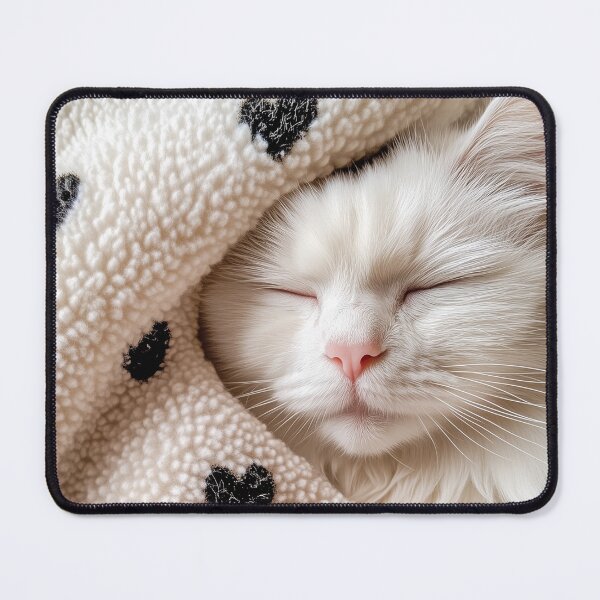 Item preview, White Cat Asleep in White Blanket with Black Hearts designed and sold by Karen Lee J.