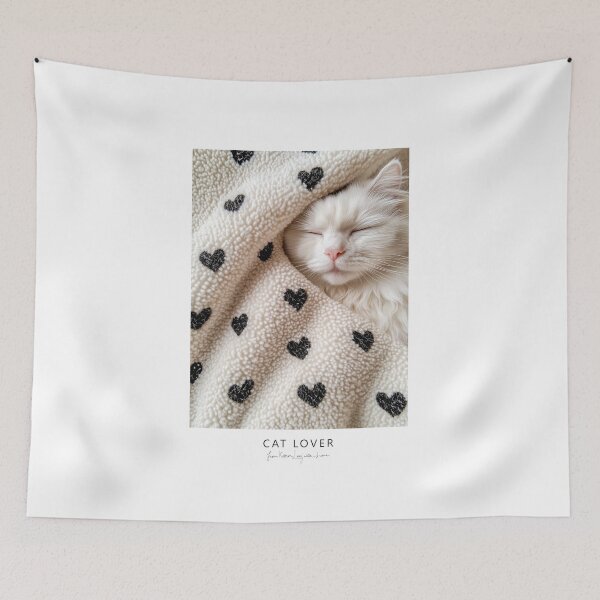 Item preview, White Cat Asleep in White Blanket with Black Hearts designed and sold by Karen Lee J.