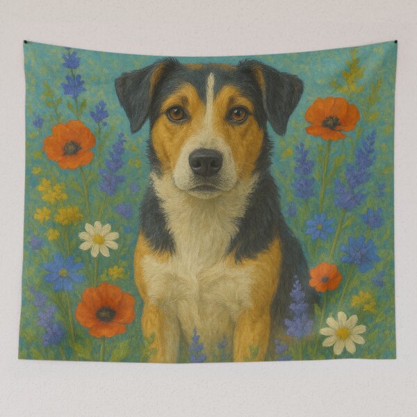 Item preview, Tricolour Dog in Summer Wildflowers - Cottagecore Pet Art designed and sold by Nature's Palette.