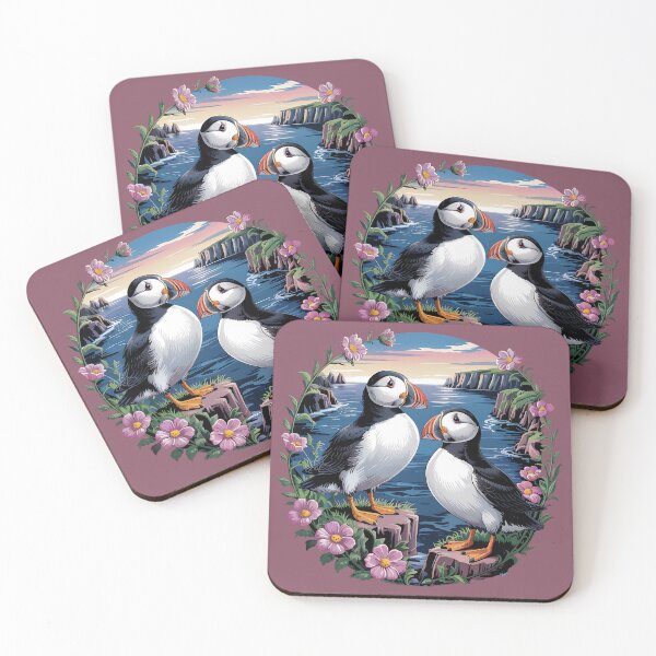 Item preview, Pair of Puffins on Coastal Cliffs at Sunset designed and sold by BirdsnStuff.