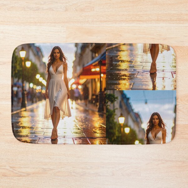 Item preview, Night Elegance – Woman in White Dress on Rain-Soaked Street with City Lights designed and sold by LMV-Studio.