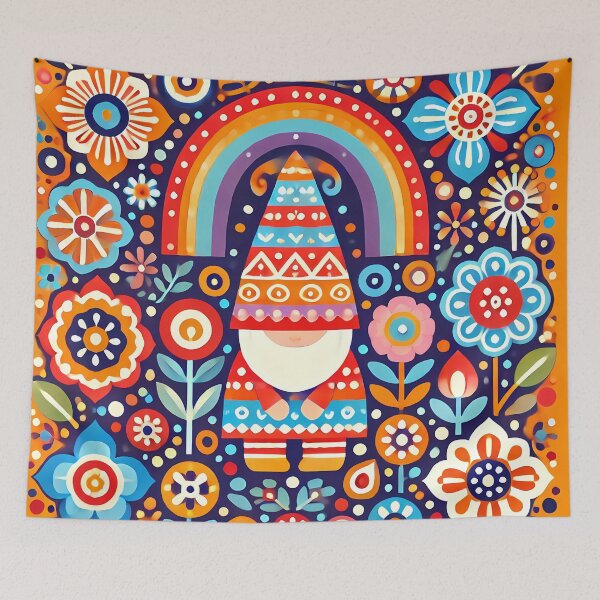 Artikelvorschau, Niedlicher bunter Gnom: Wunderliches Regenbogenhaus – Skandinavische Volkskunst von heidiannemorris © entworfen und verkauft von FOLK ART FUSION by heidiannemorris.