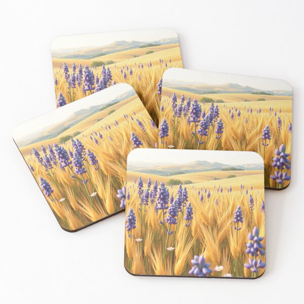 Item preview, Golden Wheat Field with Purple Wildflowers – Dreamy Countryside Landscape Art designed and sold by MiraLumeStudio.