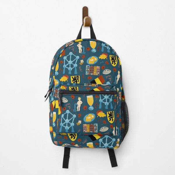 Item preview, Belgium inspired travel, mannekin pis, atomic, beers, waffles, chocolate, fries on dark blue  designed and sold by katerosestudios.