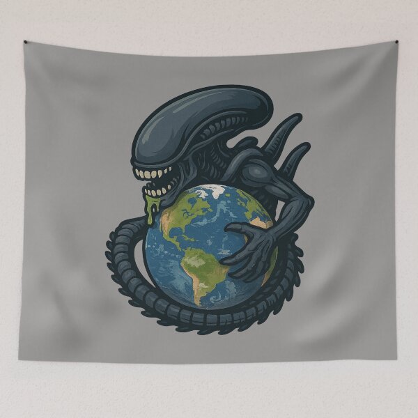 Item preview, Cartoon alien invading Earth – stylized sci-fi horror art designed and sold by LoomisDreams.