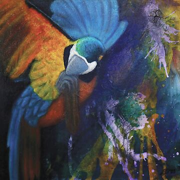 Artwork thumbnail, Colorful Parrot in Abstract Jungle – Mixed Media Wildlife Art by Lauren Visual Arts