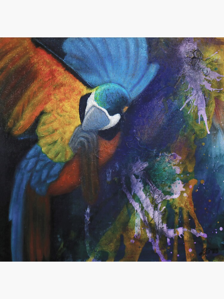 Thumbnail 3 of 3, Sticker, Colorful Parrot in Abstract Jungle – Mixed Media Wildlife Art designed and sold by lberkleydesigns.
