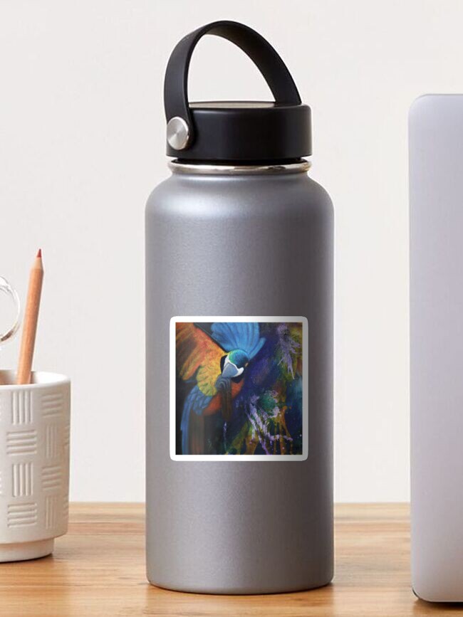 Thumbnail 1 of 3, Sticker, Colorful Parrot in Abstract Jungle – Mixed Media Wildlife Art designed and sold by lberkleydesigns.