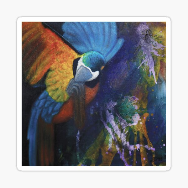 Colorful Parrot in Abstract Jungle – Mixed Media Wildlife Art Sticker
