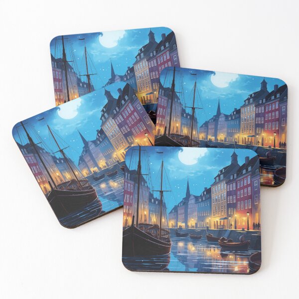 Item preview, Nighttime Scene of Nyhavn Canal with Historic Boats in Copenhagen - Digital Illustration  designed and sold by Anuchartl.
