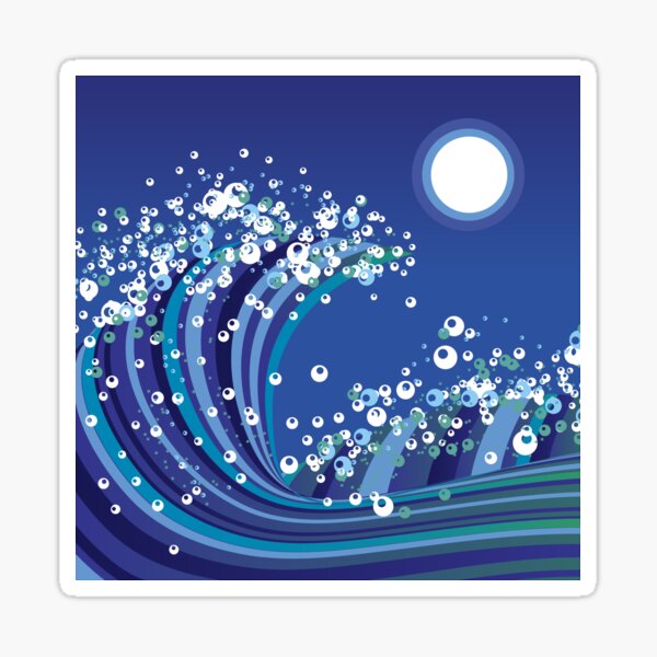 Japanese Wave Moon Art - Ocean Night Sky Art Sticker
