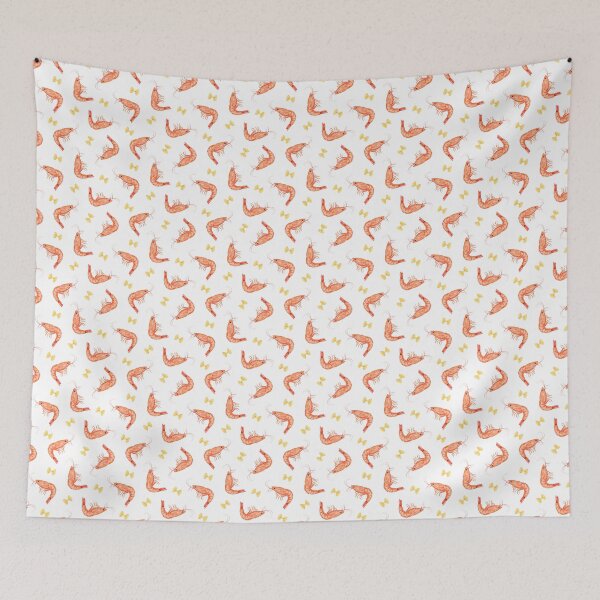 Item preview, Watercolor seamless pattern with shrimps and bow tie pasta. Bright hand painted seafood designed and sold by eves_aquadreams.